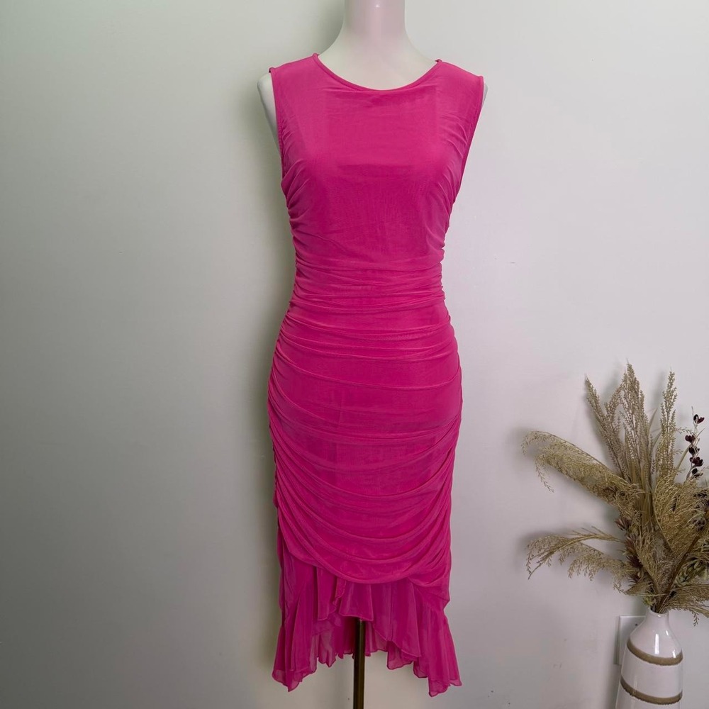 Hot Pink Sleeveless Ruched Mesh Bodycon Midi Dress Size XL